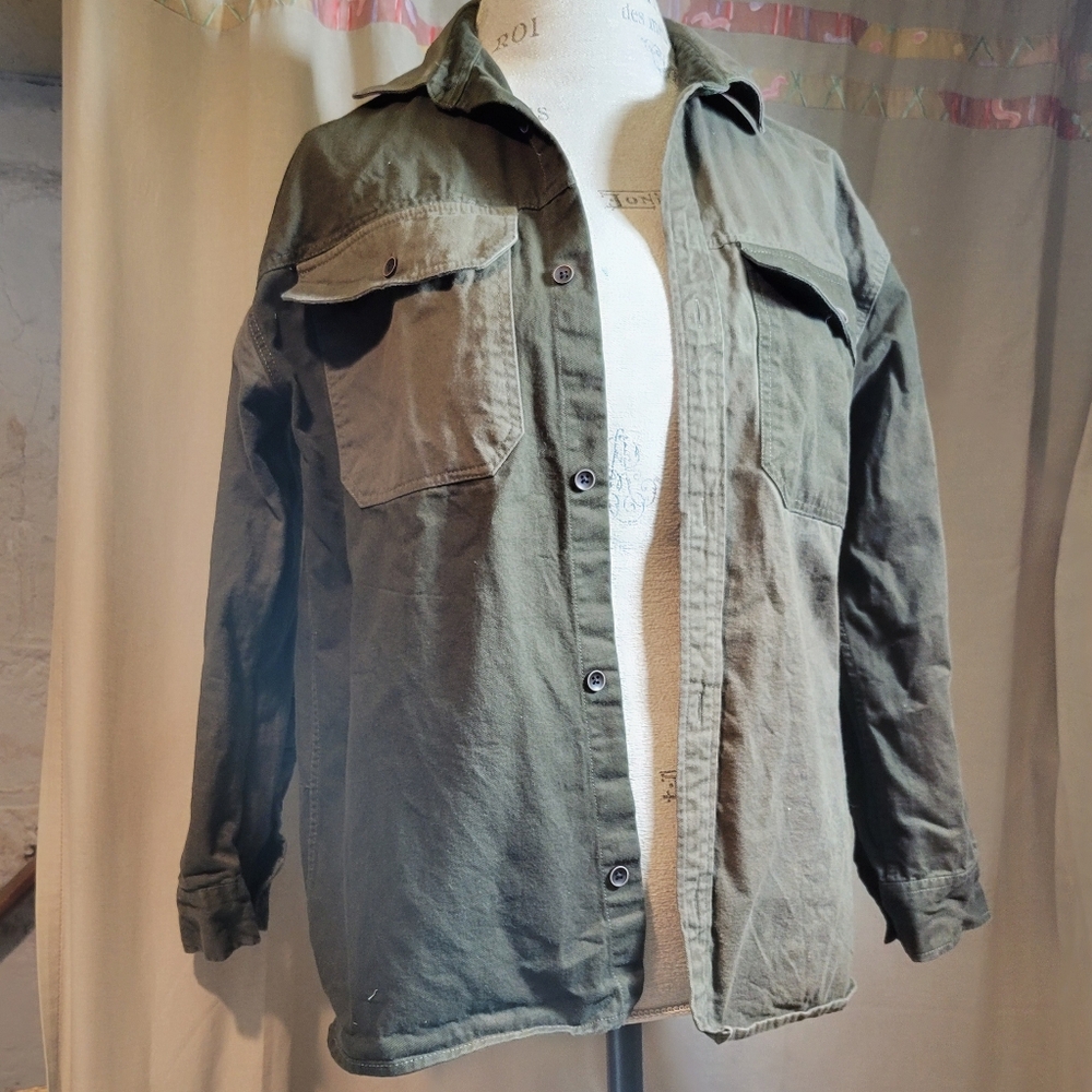 Zara Utility Color Block Button Down Army Shirt Women's Size 14